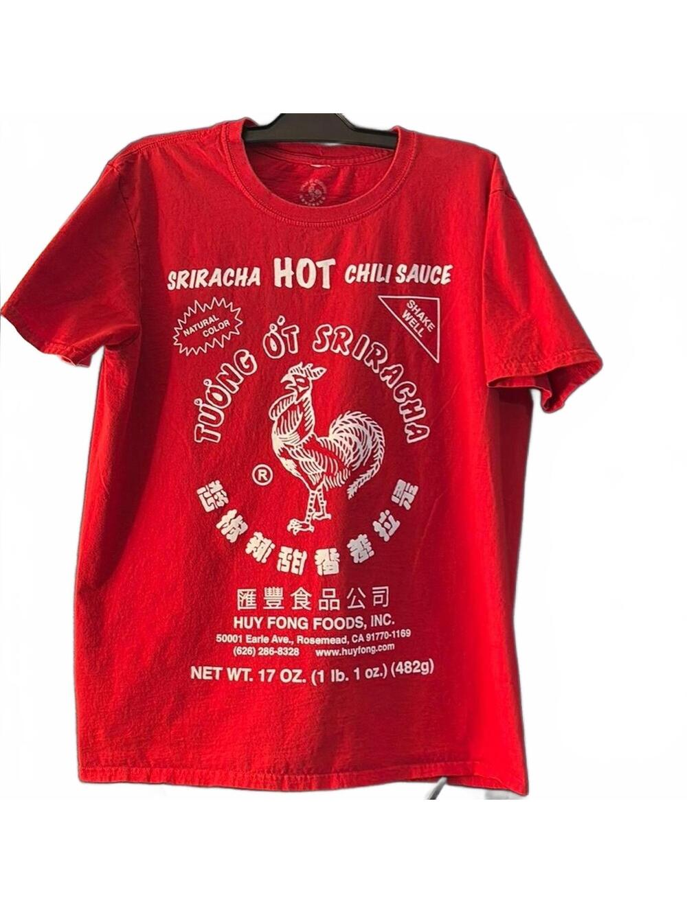 Vibrant Red Short Sleeve Tee with Rooster Graphic Size L